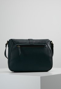 Mörkgrön läderaxelväska med en framficka med dragkedja, slät textur, rektangulär form och justerbar rem.