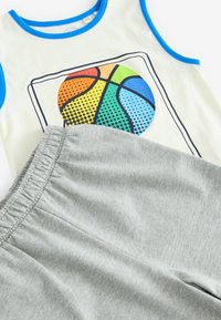 Lichtgekleurde tanktop met blauwe accenten, voorzien van een meerkleurige basketbalafdruk. Grijze shorts met elastische tailleband en een zachte textuur.