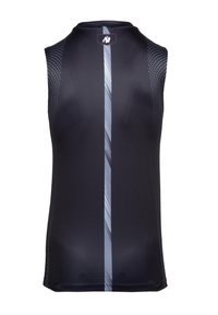 Zwarte mouwloze sporttop met een verticale zilveren streep in het midden, textuur met stippen op de schouders en een getailleerd ontwerp.