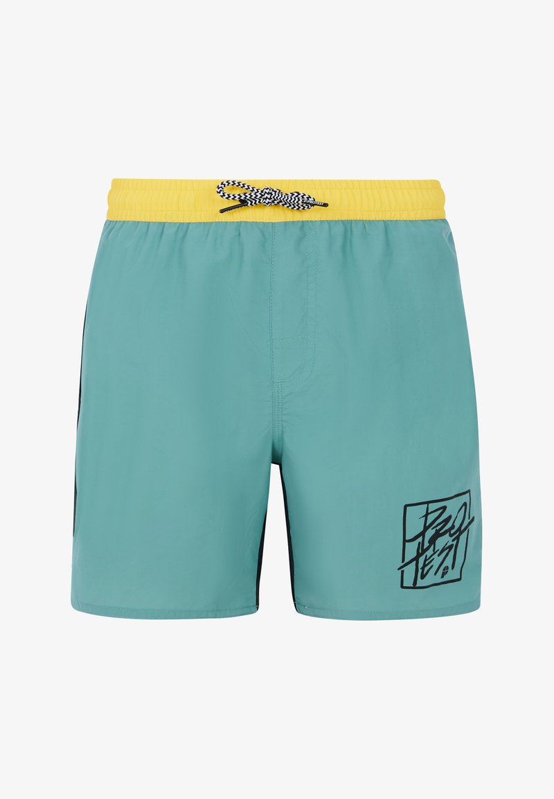 Aqua zwembade Shorts met een gele elastische tailleband en zwarte accenten. Voorzien van een zwart grafisch logo aan de zijkant. Materiaal is lichtgewicht en soepel.
