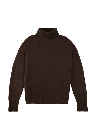 Maglione a collo alto marrone realizzato in un morbido tessuto texturizzato. Caratterizzato da maniche lunghe e un orlo a coste sia nella parte inferiore che nei polsini.