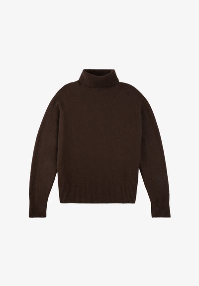 Brauner Rollkragenpullover aus weichem, strukturiertem Stoff. Verfügt über lange Ärmel und einen gerippten Saum am unteren Ende sowie an den Bündchen.