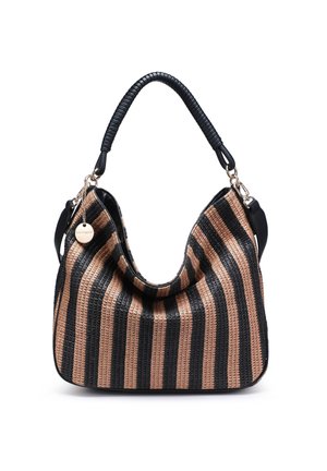 Borsa intrecciata a righe nere e marroni con manico arrotondato nero avvolto e targhetta rotonda in oro del marchio sul lato.