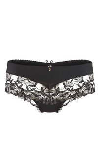 Culotte en dentelle noire avec des détails floraux sur les côtés, une taille douce et un petit nœud décoratif à l'avant.