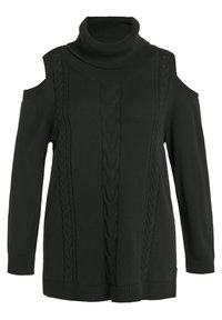 Svart kall-axel turtleneck-tröja med kabelstickad design, ribbade detaljer och långa ärmar. Mjuk textur, avslappnad passform.