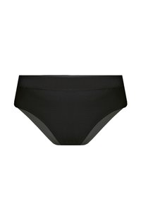 Czarne bikini dolne wykonane z teksturowanej siateczkowej tkaniny; posiada gładką talię oraz kontrastowe szare panele po bokach dla dodatkowego uroku.