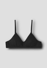 Black triangular bralette with adjustable straps, soft fabric, and scalloped edge detailing. Smooth texture, no padding or underwire.