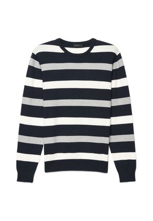 Maglione girocollo con righe orizzontali in nero, bianco e grigio, con maniche lunghe e polsini e orlo a coste.