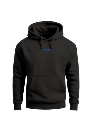 Black hooded sweatshirt with front pocket and small blue text logo "Neverless Luminous" on the chest.