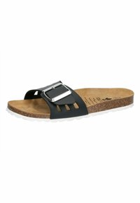 Black slide sandal featuring a wide strap with a silver buckle, cork footbed, and a chunky white rubber sole with cutouts.