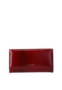 Red patent leather wallet with a crocodile texture, featuring a sleek rectangular shape and embossed brand name "VENEZIA" on the front.