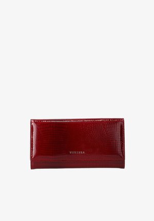 Red patent leather wallet with a crocodile texture, featuring a sleek rectangular shape and embossed brand name "VENEZIA" on the front.