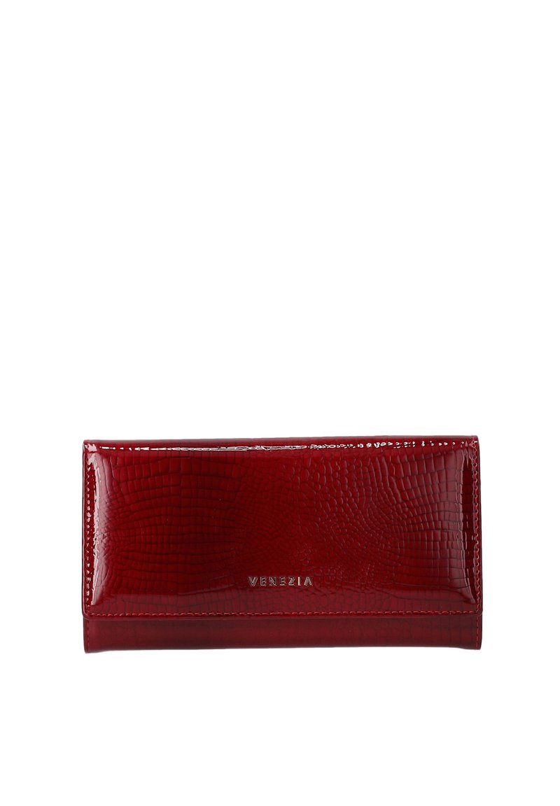 Red patent leather wallet with a crocodile texture, featuring a sleek rectangular shape and embossed brand name "VENEZIA" on the front.