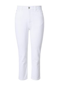 Vita bomull denim capri jeans med en åtsittande midja och raka ben. Har femficksdesign och metallknappslut.