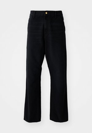 Black denim trousers with a relaxed fit, featuring a gold button, five-pocket design, and straight leg cut. Smooth texture.