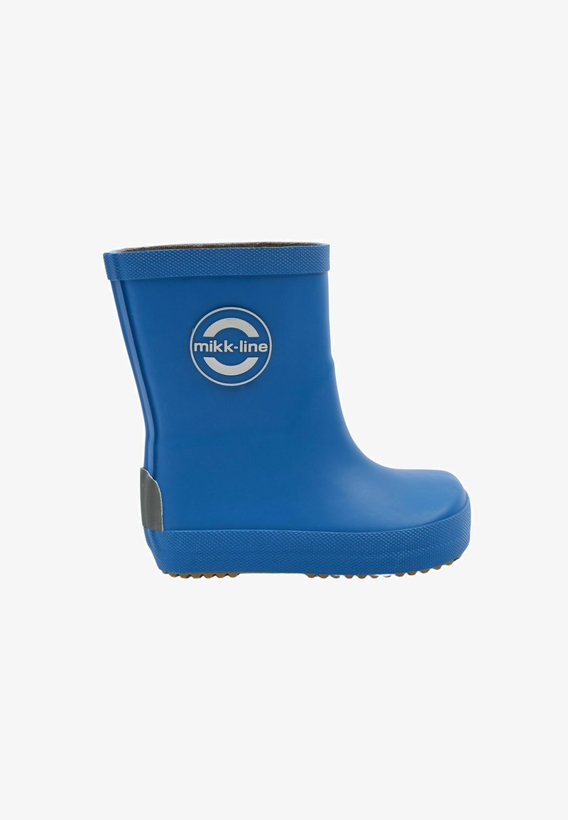 Botte de pluie en caoutchouc bleue avec semelle texturée, patch réfléchissant sur le talon, et logo "mikk-line" sur le côté.