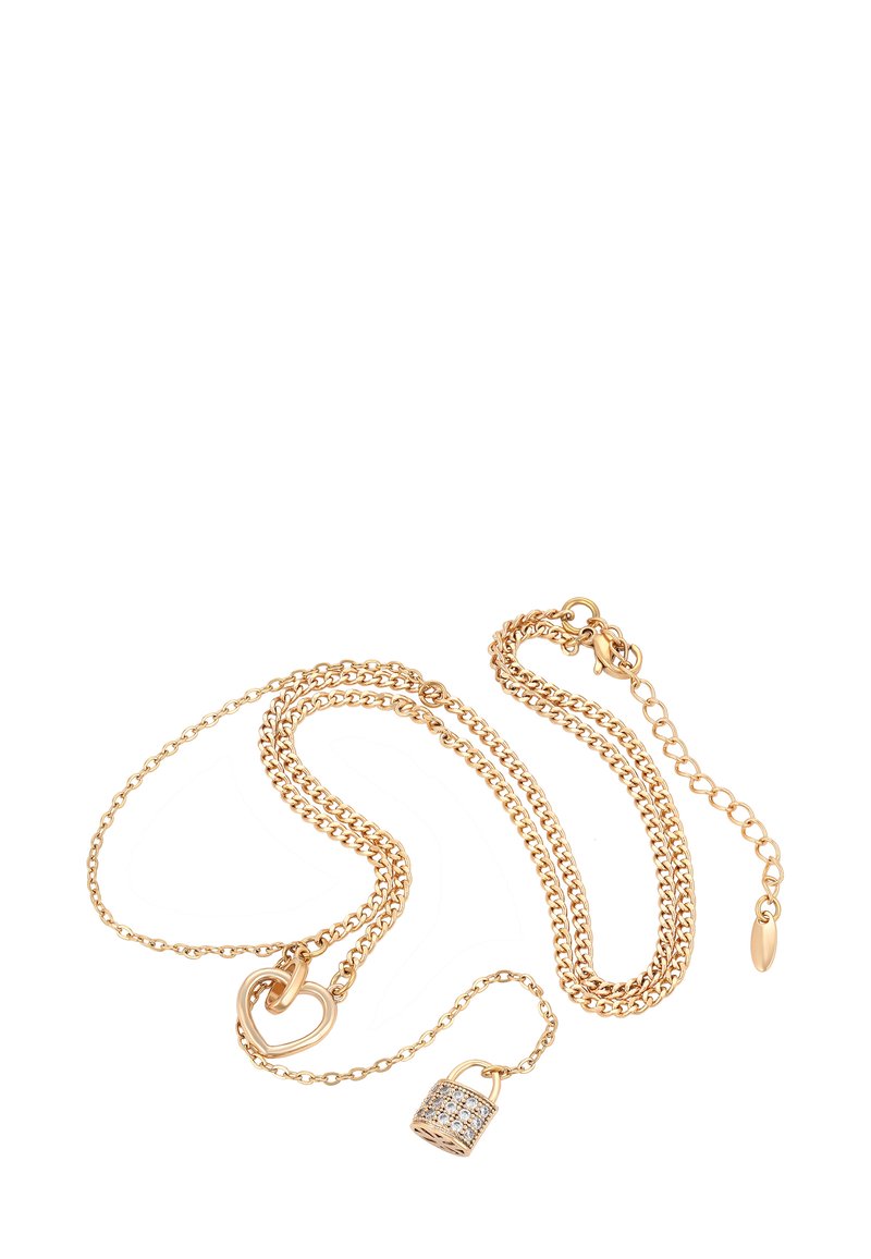 Collana dorata con catene intrecciate, forma a cuore e charm a forma di lucchetto decorato con cristalli trasparenti per un tocco in più.