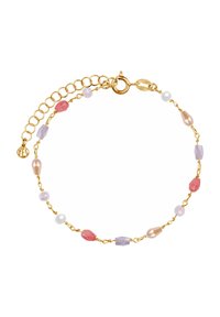 Bransoletka w kolorze złotym z różnokształtnymi, wielokolorowymi koralikami w odcieniach różu, lawendy i bieli, z zapięciem i regulowanym łańcuszkiem.