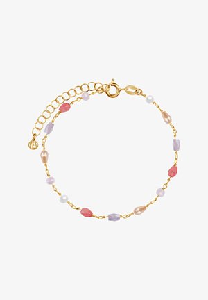 Bransoletka w kolorze złotym z różnokształtnymi, wielokolorowymi koralikami w odcieniach różu, lawendy i bieli, z zapięciem i regulowanym łańcuszkiem.