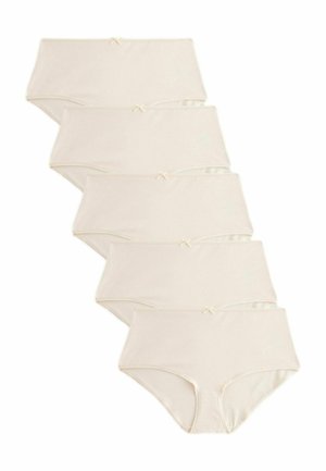 Pack of six high-waisted beige cotton briefs with a soft texture, featuring small bows on the waistband and delicate stitching details.