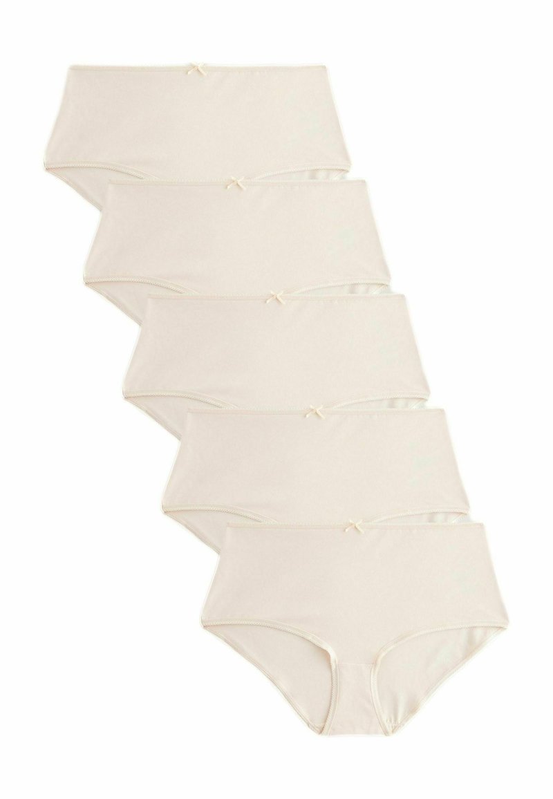 Zes hooggemaat beige katoenen slipjes met een zachte textuur, voorzien van kleine strikjes op de tailleband en delicate stiksels.