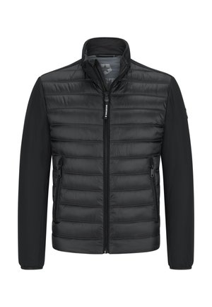 Black jacket featuring a padded front and smooth sleeves, zip closure, and side pockets. Material appears lightweight and water-resistant.