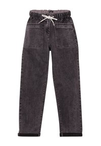 Zwarte denimbroek met een elastische tailleband, trekkoord, twee voorkruiszakken en een rechte pijpdesign. Gestructureerde afwerking met omgeslagen zoom.
