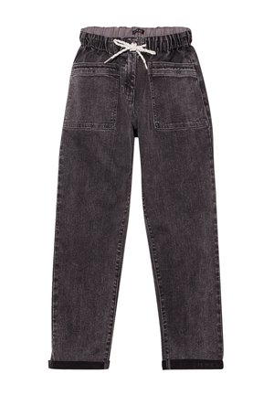Pantalons en denim noir avec une taille élastique, un cordon de serrage, deux poches avant et une coupe droite. Finition texturée avec des ourlets à revers.
