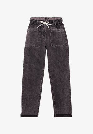 Pantalons en denim noir avec une taille élastique, un cordon de serrage, deux poches avant et une coupe droite. Finition texturée avec des ourlets à revers.