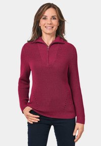 Gebreide bordeauxrode pullover met een halve ritssluiting bij de hals, lange mouwen en decoratieve ventilatiedetails aan de zijkanten, gemaakt van zachte stof.