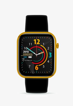 Vierkante smartwatch met een zwarte siliconen band. Het scherm heeft een zwarte achtergrond met kleurrijke klokwijzers en cijfers. Gouden accenten benadrukken het frame.