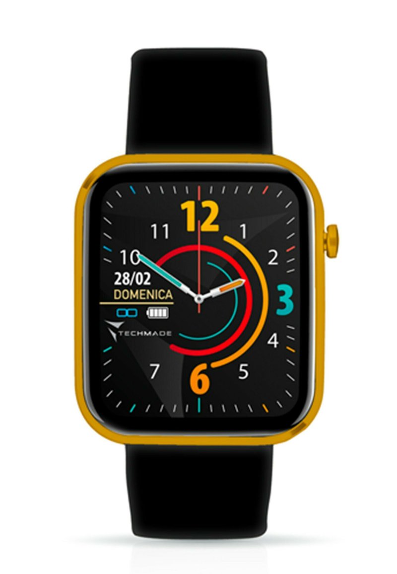 Montre intelligente carrée avec un bracelet en silicone noir. L'écran présente un fond noir avec des aiguilles et des chiffres colorés. Des accents dorés mettent en valeur le cadre.