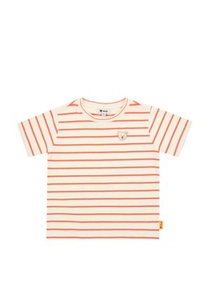 Striped short-sleeve T-shirt in cream and coral, featuring a bear-shaped patch on the chest. Soft, cotton fabric with a relaxed fit.