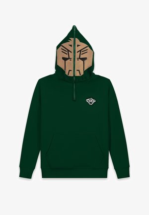 Dunkelgrüner Hoodie mit Fronttasche, halbem Reißverschluss an der Kapuze mit braun-schwarzem, stilisiertem Löwengesicht auf Kapuze und Brustpatch.