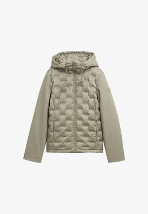 Light green puffer jacket with a zip front, hood, and quilted design. Smooth fabric on sleeves, drawstrings at the hood, and round logo detail.