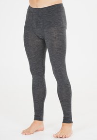 Grå långa leggings tillverkade av ett elastiskt, texturerat tyg, med en figurnära design och elastisk midja, utan synliga mönster eller detaljer.