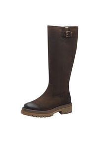 Bota de cuero marrón hasta la rodilla con una textura suave, punta redondeada y un detalle de hebilla cerca del caño. Suela gruesa para mayor tracción.