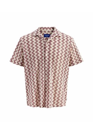 Chemise à manches courtes en crème et bordeaux avec un motif en zigzag, présentant un devant à boutons et un design de col décontracté.