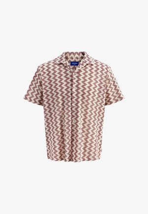 Camicetta a maniche corte in crema e bordeaux con un motivo a zigzag, dotata di chiusura con bottoni frontale e un design del colletto rilassato.