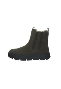 Suède enkellaars in donkergroen met elastische zijkanten, een gevoerde binnenkant en een zwarte chunky rubberen zool. Voorzien van een trekbandje aan de hiel.