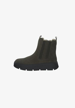 Suede ankle boot in dark green with elastic side panels, a cushioned interior, and a black chunky rubber sole. Features heel pull tab.