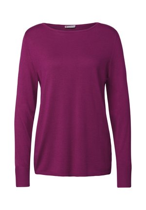 Maglione lungo viola a maniche lunghe realizzato in materiale morbido, con scollatura a girocollo e polsini a costina; presenta una vestibilità rilassata.