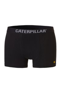 Boxers noirs en coton, avec une ceinture élastique grise portant le logo "CATERPILLAR" et une petite étiquette jaune "CAT" sur le côté.