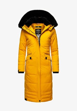 Yellow padded long coat with a black faux fur hood. Features zip closure, two front pockets, and ribbed cuffs for added warmth.