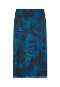 Spódnica wykonana z lekkiego materiału, z wirującym wzorem w odcieniach niebieskiego i zielonego, o prostej sylwetce i gładkiej teksturze.