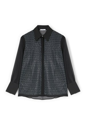 Czarna bluzka z diamentowym wzorem w jasnoniebieskim kolorze. Posiada gładki czarny kołnierz i rękawy. Teksturowany materiał z zapięciem na guziki.