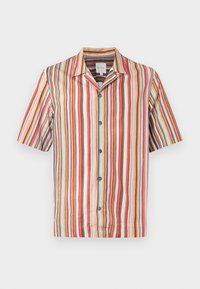 Chemise à manches courtes à boutons avec rayures verticales multicolores en rouge, orange, vert et marron. Fabriquée en tissu léger, dotée d'un col de style camp.