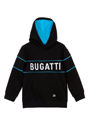 Sweat à capuche noir avec capuche intérieure et lignes bleu vif, texte blanc "BUGATTI" sur la poitrine, et une poche ventrale avec un petit patch logo.