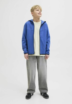 Blue fleece jacket with a zip, contrasting black trim, and two front pockets, worn over a light yellow t-shirt and gray wide-leg pants.