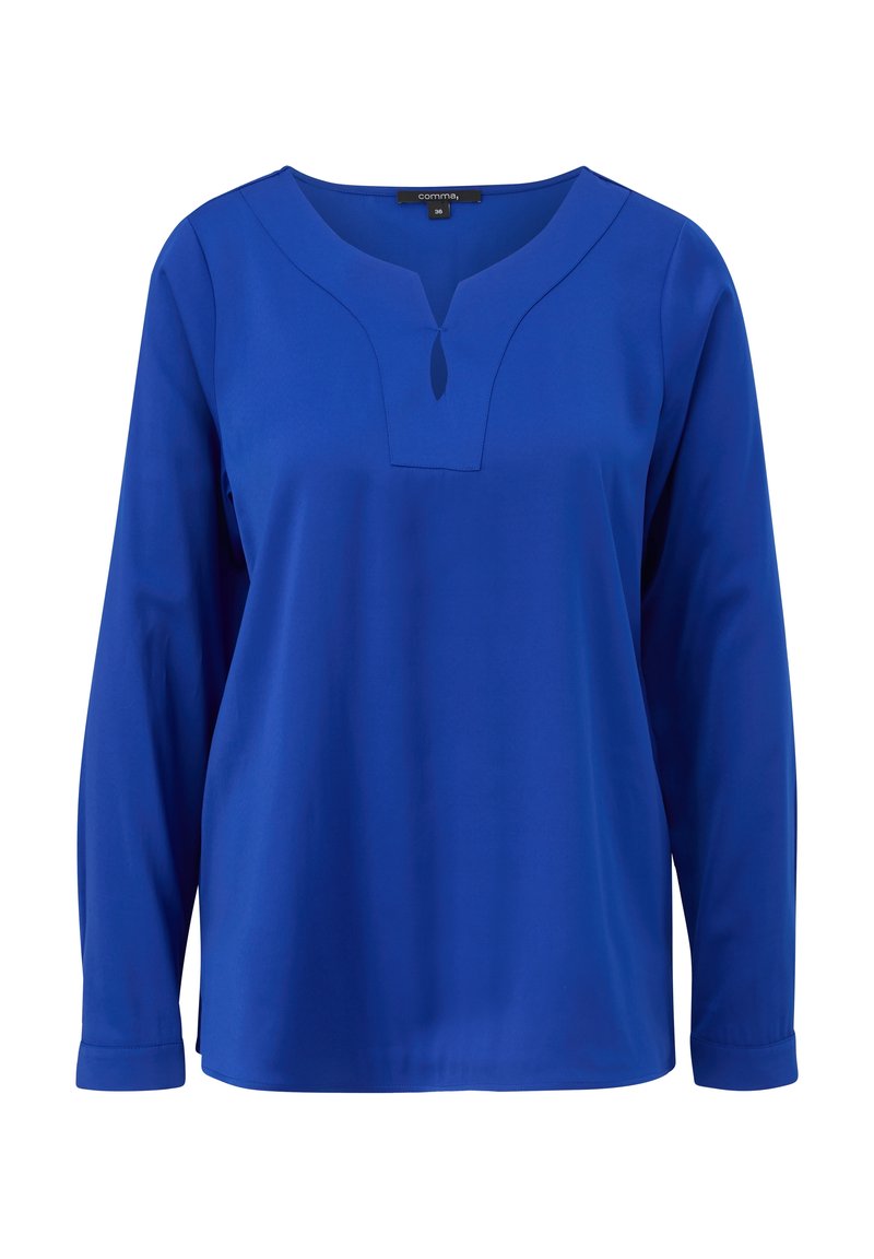 Blouse à manches longues bleu roi avec un col en V arrondi et un petit détail en forme de trou de serrure au niveau du col, en tissu lisse et coupe décontractée.